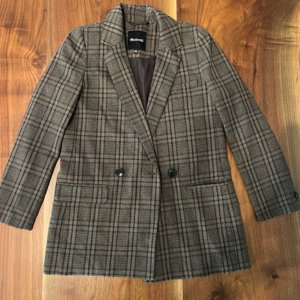 Madewell Double-Breasted Relaxed Blazer – Size XXS – Chestnut Plaid with Accents